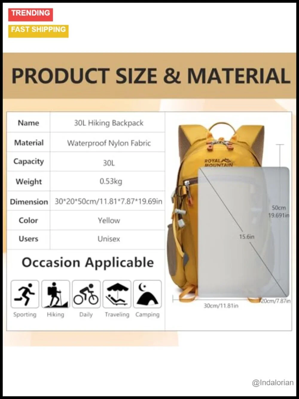30L Hiking Backpack with Rain Cover, Lightweight Nylon Outdoor Camping